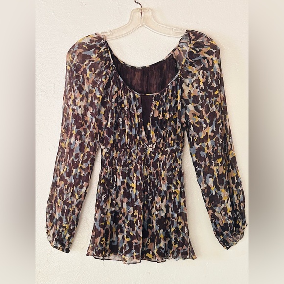 BCBGMAXAZRIA Brown Floral Print Semi Sheer Top - Picture 1 of 8